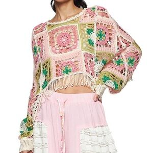 New POL Colorful Crochet Cropped Fringe Woman’s Top